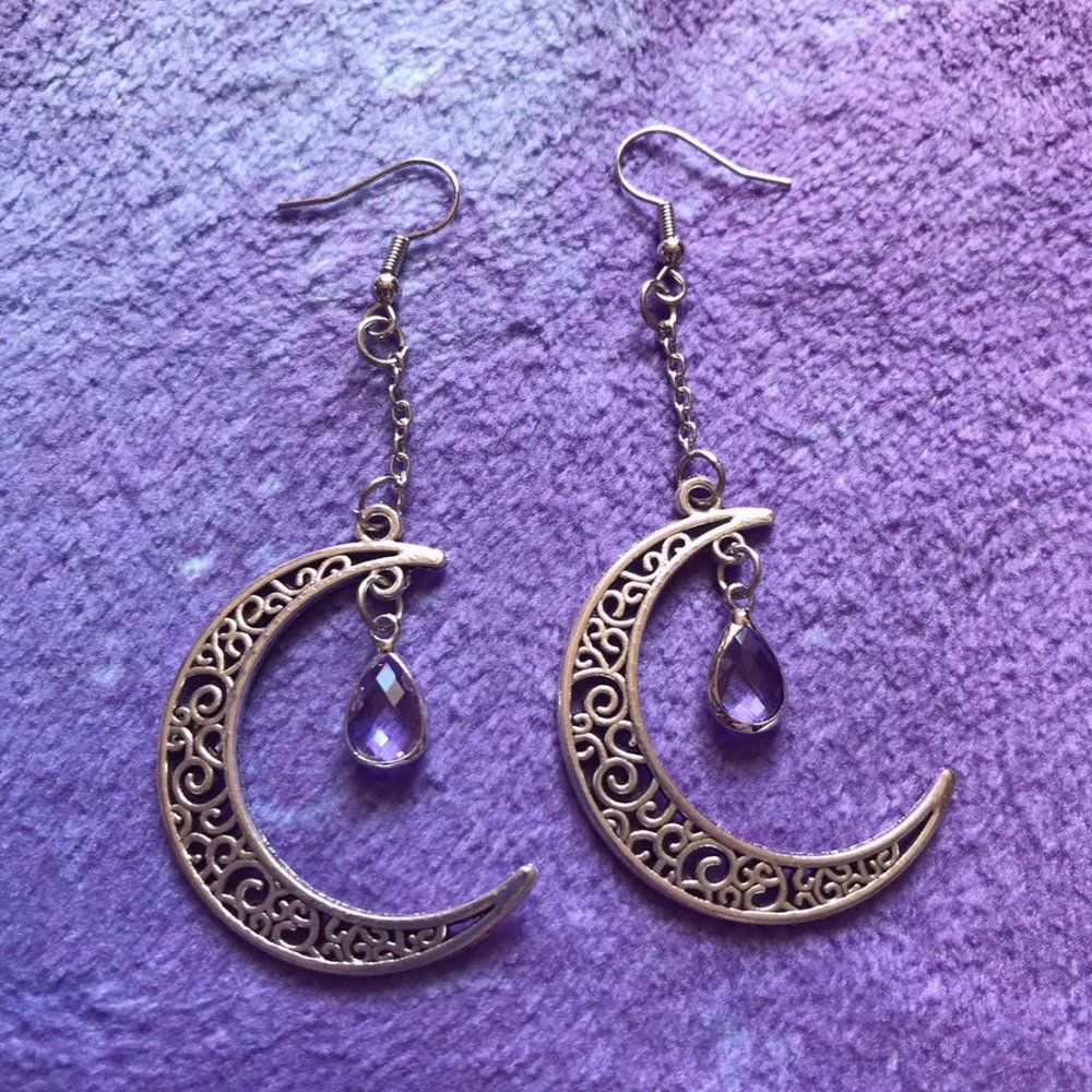 Large dangly silver crescent moon teardrop crystal earrings